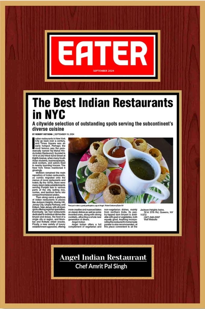Framed Eater feature, The Best Indian Restaurants in NYC, September 2024
