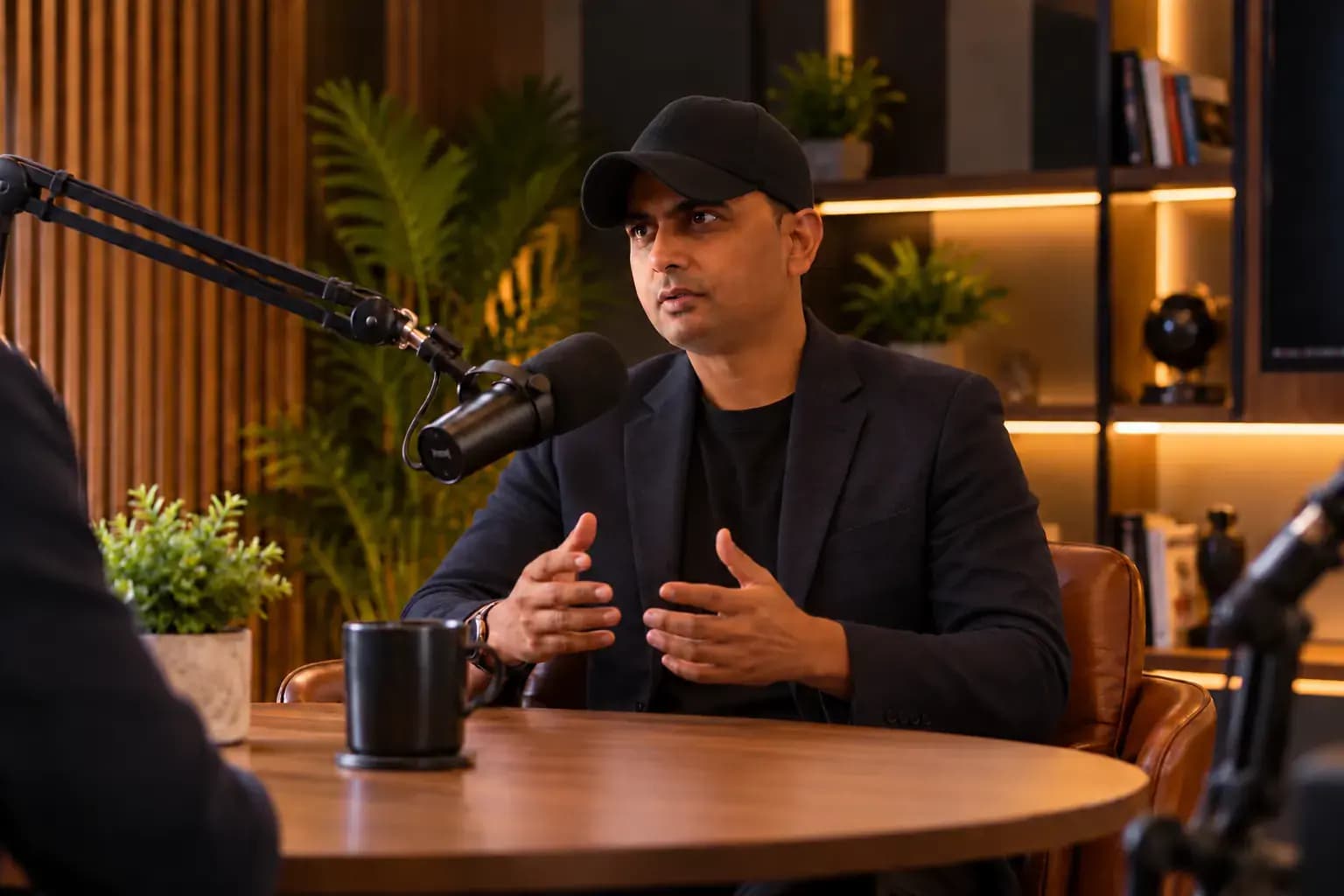An interview in progress at a studio microphone